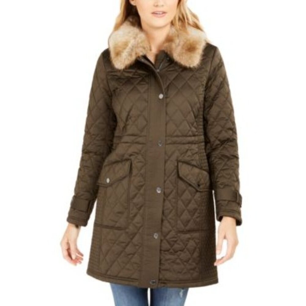 Michael Kors Women's Green Quilted Coat Jacket With Faux Fur Collar M 2755 - Picture 2 of 14